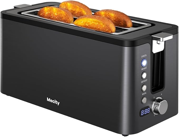 Mecity 4 Slice Toaster Long Slot Toaster with Timer Bagel Defrost Reheat Cancel Functions Warming Rack Removable Tray 6 Browning Settings Extra Wide Slots Stainless Steel 1300W