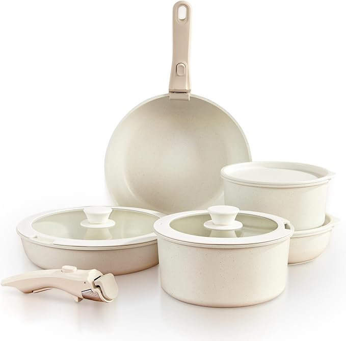 GOURMETIFIC® Pots and Pans Cookware Set [11 PIECES] - Non Toxic Ceramic Coated Cooking Ware - Induction Gas &amp Oven Kitchenware - Non Stick Pot &amp Pan with Removable Handles &amp Stackable (Cr