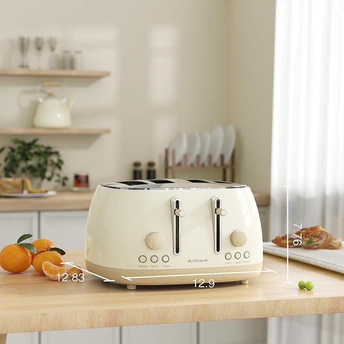 Toaster 4 SliceRetro Stainless Steel Toaster with Extra Wide Slots Cancel Bagel Defrost Function Dual Independent Control Panel Removable Crumb Tray and High Lift Lever (Beige)