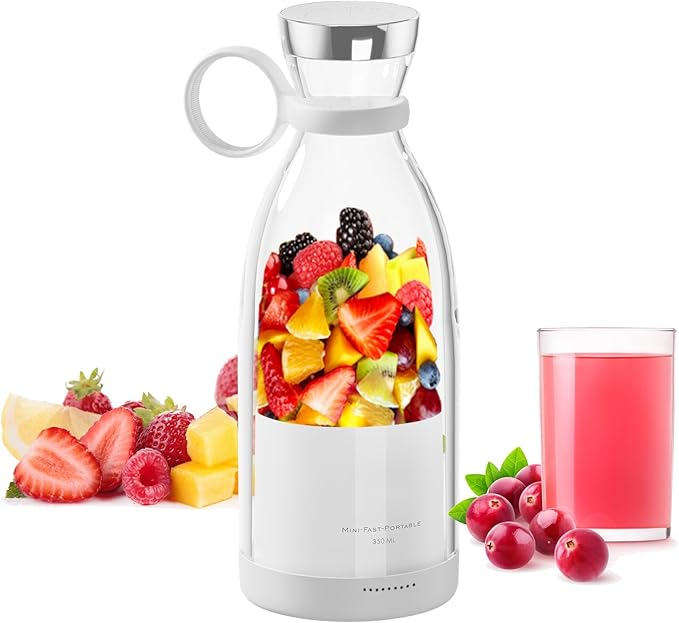 Asa Vea Mini Blender for Smoothies and Milkshakes Portable Blender Rechargeable Personal Size Blender with Quota Outer Travel Lid with 4 Blades 11 oz for Outdoors Camping (White)