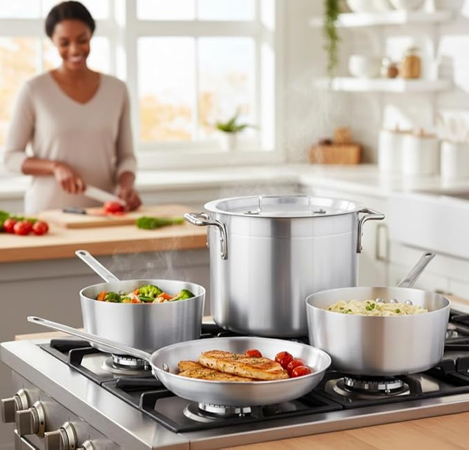 5-Piece Aluminum Cookware Set – Includes 2.75 Qt &amp 3.75 Qt Sauce Pans 8 Qt Stock Pot with Cover and 10 Fry Pan – Heavy-Duty Riveted Handles Superior Heat Distribution (5-Piece Set)