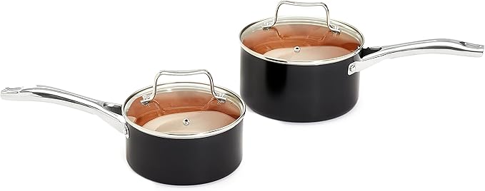Amazon Basics Ceramic Nonstick Cookware Set Induction Ready Dishwasher &amp Oven Safe Even Heating 10-Piece Set with Frying Pans Saucepans Glass Lids Copper Color