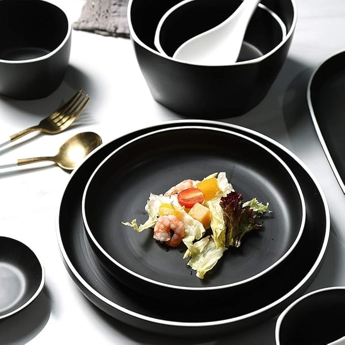 Dinnerware Set Plates and Bowls Sets 48 Pieces Porcelain Dinnerware Combination Set | Black Matte Steak Plates And Cereals Bowls Sets