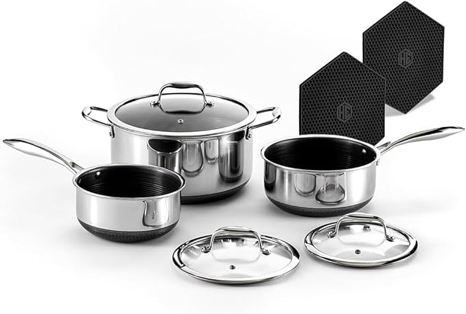 HexClad Hybrid Nonstick 15-Piece Cookware Set 12 Wok 8 10 and 12 Pans with Lids 2 3 and 8Qt Pots with Lids and 2 Silicone Trivets Stay-Cool Handles Dishwasher and Oven-Safe