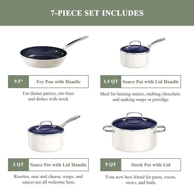 Nuwave 7pc Cookware Set Healthy Duralon Blue Ceramic Nonstick Coated Diamond Infused Scratch-Resistant PFAS Free Oven Safe Induction Ready &amp Evenly Heats Tempered Glass Lids &amp Stay-Cool H