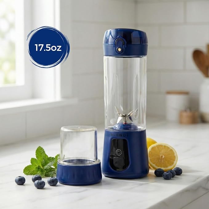 BLENDi Pro+ Portable Blender (17.5oz Navy Blue) – Powerful Ice Crushing 120W Motor USB-C Rechargeable Cordless Personal Blender Smoothies &amp Shakes – BPA-Free Self-Cleaning Travel-Friendly