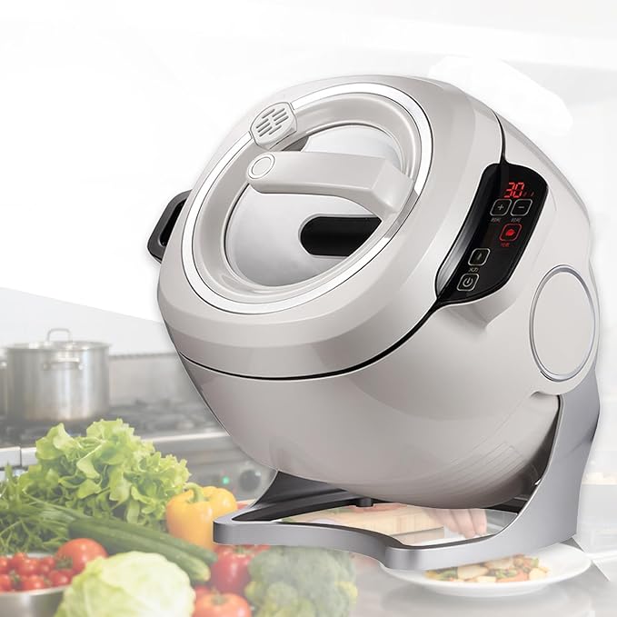 Electric Self Stirring Pot Automatic Cooking Machine 1000W 6L Automatic Pot Stirrer for Cooking 360° Rotating Stir Fry Machine Multi-Function Kitchen Robot for Stewing &amp Frying (White)