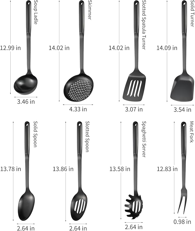 304 Stainless Steel Cooking Utensils Set 8PCS Kitchen Utensils Set Include Skimmer Soup Ladle Spaghetti Server Wok Spatula Slotted Spoon Solid Spoon Slotted Spatula Turner &amp Meat Fork Bla
