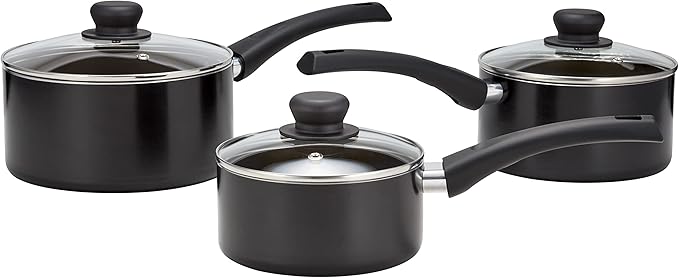 Judge Radiant Teflon Non-Stick Saucepan Set 16cm 18cm &amp 20cm Pans Glass Lids with Vent Induction Ready Oven Safe