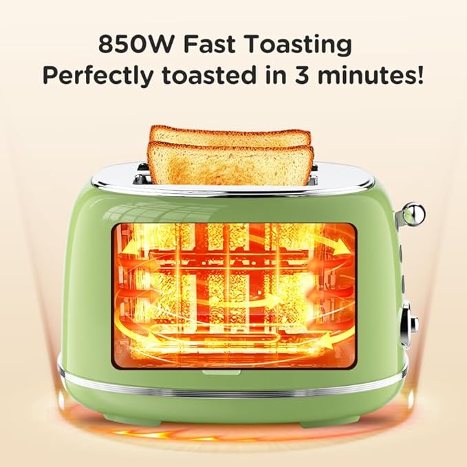 Toaster Retro 2 Slice Vintage Green Toaster with Lid with Bread Attachment Preheat Defrost And Cancel Functions 6 Browning Levels (Green)