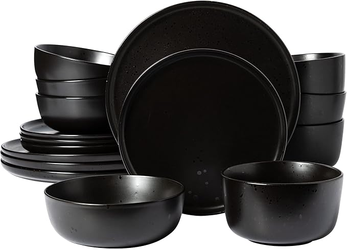 Gibson Elite James Street Stoneware Matte Reactive Double Bowl Dinnerware Set - Pepper Black Service for 4 (16pcs)
