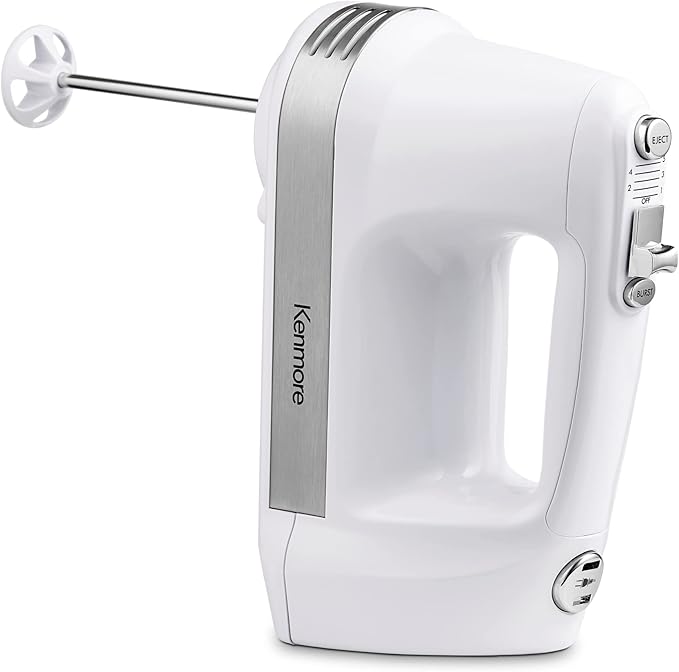 Kenmore 5-Speed Hand Mixer/Blender 250 Watts with Beaters Dough Hooks Liquid Blending Rod Automatic Cord Retract Burst Control and Clip-On Accessory Storage