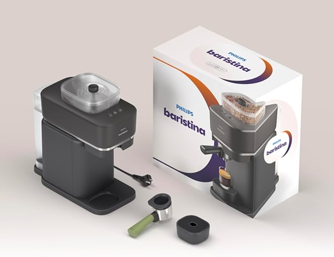Philips Baristina Espresso Machine Grind Tamp &amp Brew Coffee Beans in One Swipe Compact 16 Bar Pump Pressure Automatic Grinder Black with Natural Green Portafilter (BAR321/64)