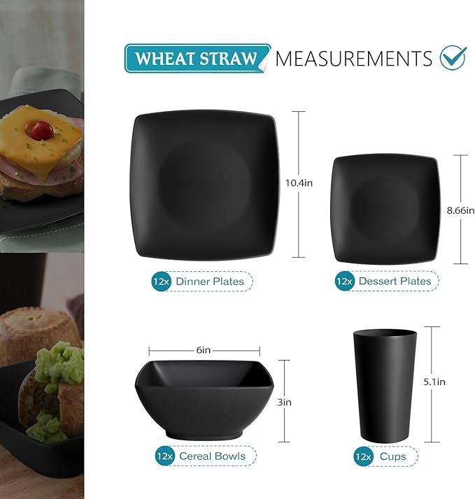 Teivio 48-piece Wheat Straw Square Dinnerware Set for 12 Unbreakable Dinner Plates Salad Plates Snack Bowls Tumblers 13.5 oz Dishwasher Safe Black