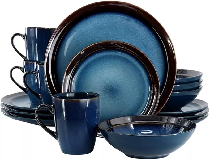 Priya 16 Piece Reactive Glaze Stoneware Dinnerware Set Service for 4 Plates and Bowls Microwave &amp Dishwasher Safe (Blue)
