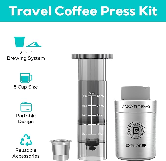 CASABREWS KP3000 Portable Coffee Maker 2 in 1 Small Travel Coffee Machine for K Cup Pod or Ground Coffee Quick Coffee Press Kit with Stainless Steel Cup Cup Lid Straw and Storage Bag