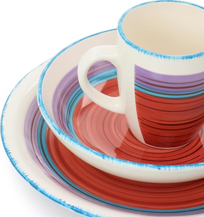 12 Piece Red Durastone Dinnerware Set – Vibrant Swirl Pattern Round Plates and Bowls Dishwasher Safe Stoneware Tableware for Everyday Meals and Entertaining