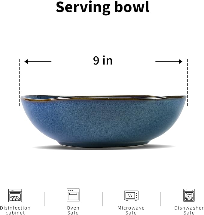 Organic Shape Highland Ceramic Serving Bowl 12pcs 9 Inch Handmade Reactive Glaze Stoneware 40oz Bowl with Wavy Edge for Kitchen Microwave &amp Dishwasher Safe Scratch Resistant-Blue