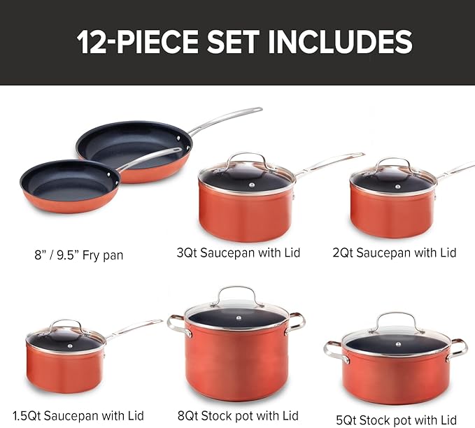 Nuwave 12pc Healthy Pots and Pan Set Non-Stick Forged Lightweight Cookware Set G10 Duralon Ceramic Coating Vented Tempered Glass Lids Induction-Ready &amp Works on All Cooktops PFAS Free