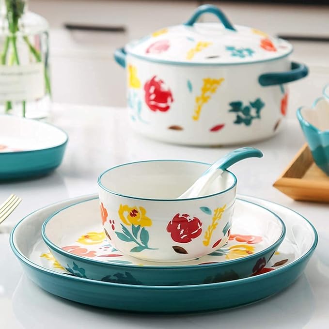 Dinner Set for Luxury Restaurant and Home Ceramics Dinner Sets Bowl &amp Soup Pot &amp Plate | 26 Pieces French Retro Style Porcelain Dinnerware Set