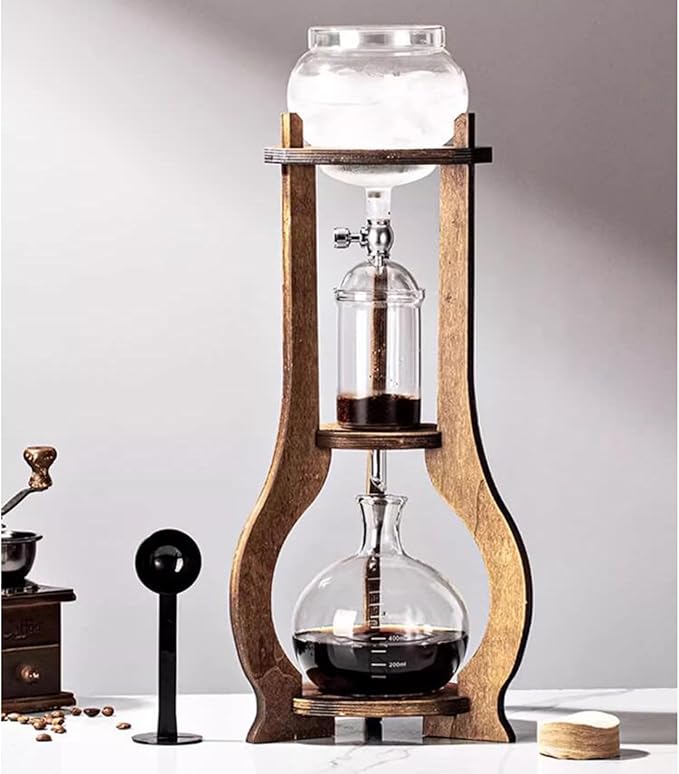 Cold Brew Drip Tower 800ml Manual Iced Coffee Makers with Slow Drip Technology with Adjustable Dripper Wooden Bracket for Home Offices Coffee Shops