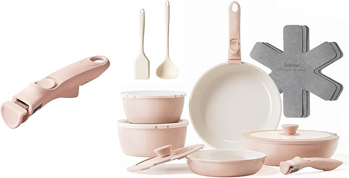Redchef 17pcs Ceramic Pots and Pans Set Non Stick Nonstick Kitchen Cookware Set with Detachable Handle Non Toxic PFAS PFOA &amp PTFE Free RV Ceramic Cookware Set for Camping Dishwasher/Oven Saf