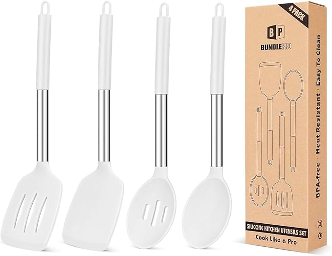 Pack of 4 Silicone Cooking Utensils Set Non Stick Large Solid Spatulas Heat Resistant Slotted Spoons Ideal BPA Free Kitchen Turners for Frying MixingServingDrainingTurningStirring (WHITE)