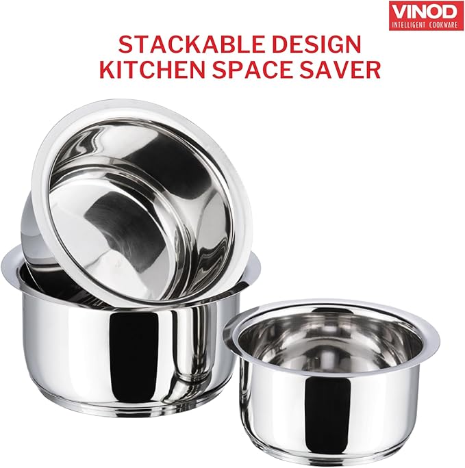 Vinod Stainless Steel 3 pc Pot Set with Capacity of 1.4 litres 1.8 litres &amp 2.2 litres with Stainless Steel Lids (Gas Stove and Induction Friendly) - Silver