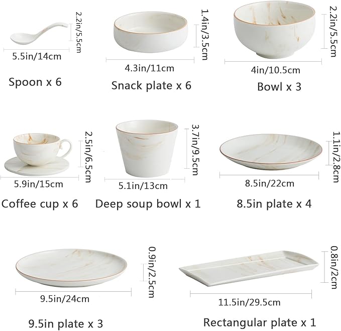 Stoneware Dinnerware Sets for 6 30 Piece Round Porcelain Plates and Bowls Set for Kitchen Tableware Combination Set | Serving Dinner Set with Dinner Plate and Salad Bowl
