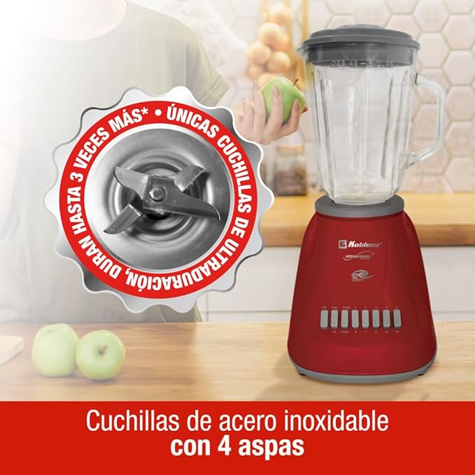 Koblenz LKM-5970 VR Blender 500W Motor 51 Oz. Glass Jar 10-Speed Blender for Smoothies Milkshakes Purees 4 Stainless Steel Blades Metal Coupling Home and Kitchen Appliances Red