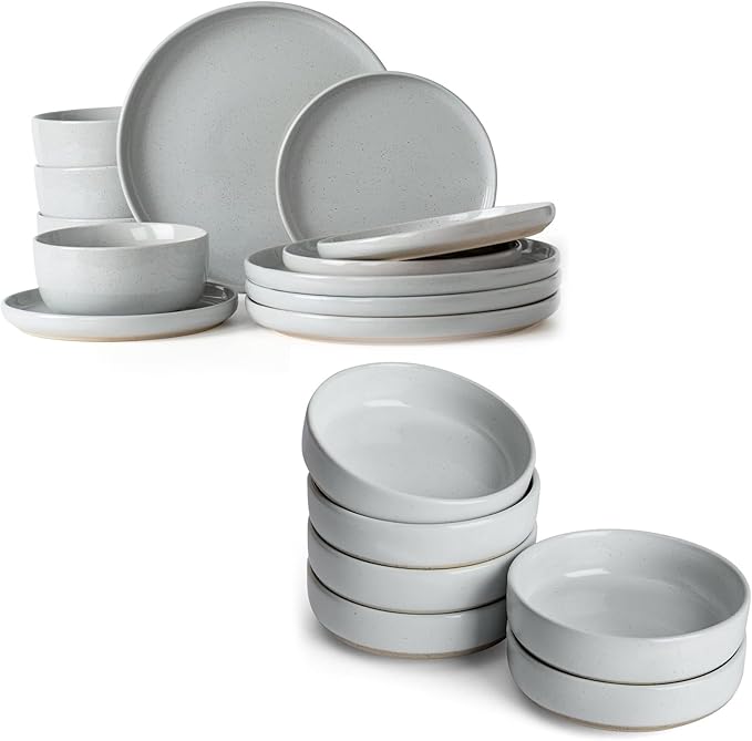 Famiware Milkyway Plates and Bowls Set of 12 and 4oz Dipping Bowls Set of 6 18 Pieces Dinnerware Sets Light Gray