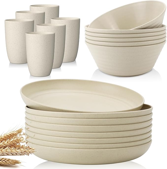 Wrova wheat straw bowls and deep plates bundle with cups - unbreakable dinnerware sets of 22 - Beige series