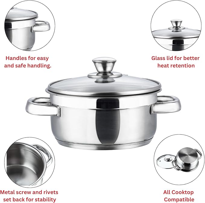 Vinod Bremen Stainless Steel Saucepot Set of 3 with Glass Lid | 2.5mm Thick Base | Riveted Sturdy Handle | | Induction and Gas Base - Silver