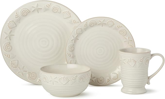 Coastline Cream 16-Piece Stoneware DINNERWARE SETSERVICE for 4 with embossed coastal shells and starfish detailing durable beach house tableware for relaxed coastal living and everyday dining