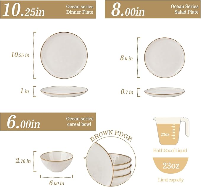 Famiware Ocean Round Plates and Bowls Sets for Kitchen 16-Piece Dinnerware Sets for 4 Mug Set for 4 Reactive Glaze Cappuccino White