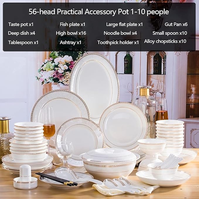 Dinnerware Sets - Luxury Gift Dishes Service Set 56PCS Ceramic Dinnerware Set Bone China Tableware Dishes Plates Ceramic Combination Dinner Service Set Porcelaine Service for 10(56 Practical pots)