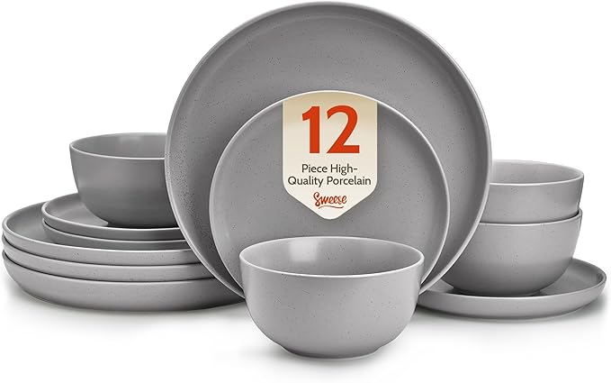 Sweese Dinnerware Sets12 Pieces Porcelain Round Plates and Bowls Sets Dishes Set for 4 Chip Scratch Dishwasher Microwave and Oven Safe Dishware Sets Grey