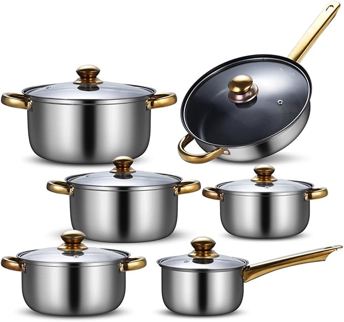 6Pcs Pots and Pans Set Stainless Steel Portable Soup Pot Saucepan Ergonomic Handle Kitchen Cooking Set Cookware Set for Home Pans with soup pot