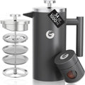 Coffee Gator 304 Grade Stainless Steel French Press Coffee Maker 34 oz Double Wall Insulated Hot Cold Brew Teapot with 4-Level Filtration System Include Travel Jar Canister Rust-Free Kitchen Gray