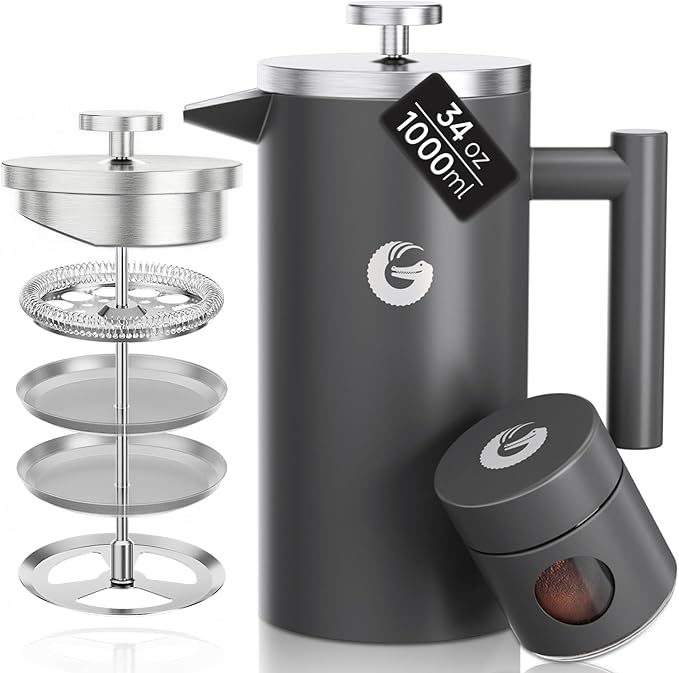 Coffee Gator 304 Grade Stainless Steel French Press Coffee Maker 34 oz Double Wall Insulated Hot Cold Brew Teapot with 4-Level Filtration System Include Travel Jar Canister Rust-Free Kitchen Gray