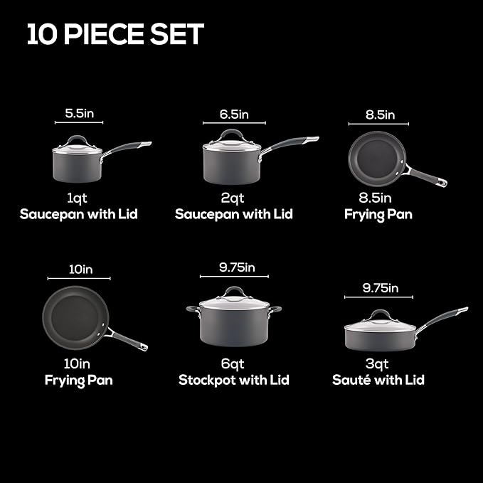 Circulon 83903 Radiance Hard Anodized Nonstick Cookware Pots and Pans Set 10 Piece Gray