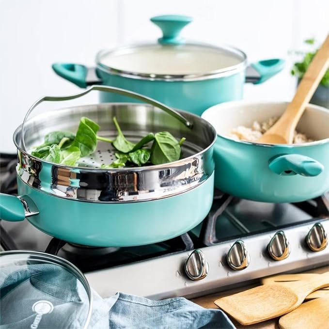 Healthy Ceramic Nonstick 16 Piece Cookware Pots and Pans Set PFAS-Free Dishwasher Safe Turquoise
