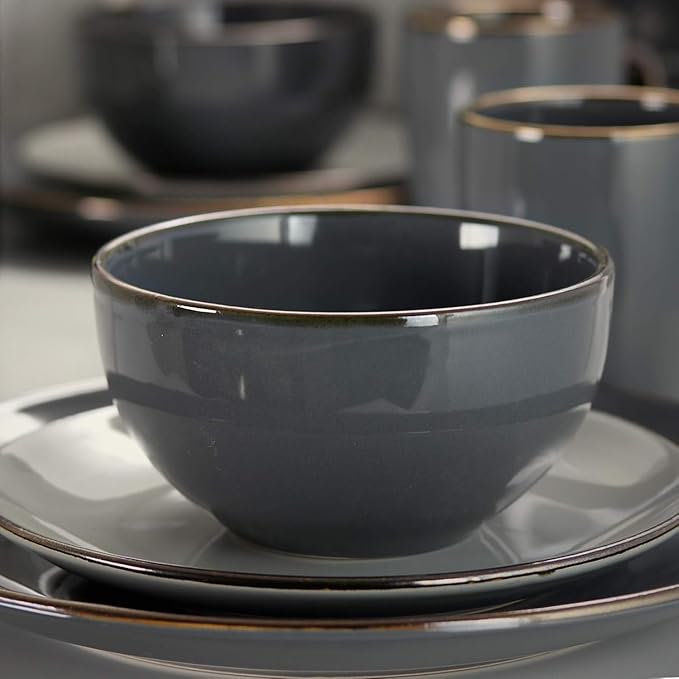 16-Piece Stoneware Dinnerware Set – Modern Glossy Dish Set for 4 in Black Taupe &amp Gray – Microwave and Dishwasher Safe Dinner Plates Bowls Mugs and Salad Plates (Assorted Gray)