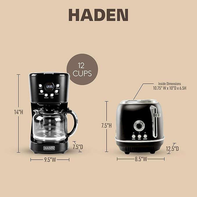 Haden 12 Cup Programmable Drip Coffee Maker Coffee Machine Bundled with Heritage 2 Slice Wide Slot Stainless Steel Toaster Turquoise &amp Chrome