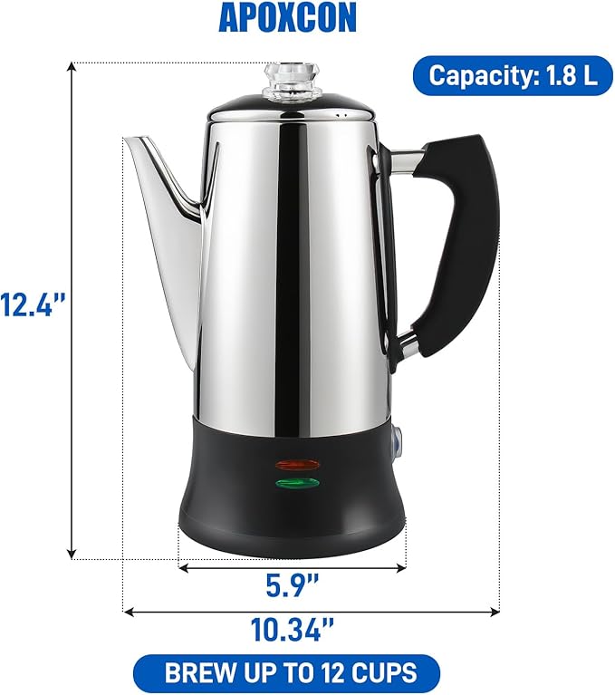 Electric Coffee Percolator Stainless Steel Coffee Maker with Heat Resistant Tough Glass Clear Brew Progress Knob Classic Coffee Pot with Keep Warm Cordless Serve Cool Touch Handle 12 Cup
