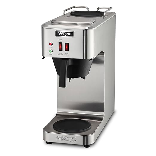 Waring WCM50 Café Deco Pour Over Decanter Coffee Brewer Stainless Steel Construction Two Individually Operated Warmers No Plumbing Required 120V 5-15 Phase PlugSilver