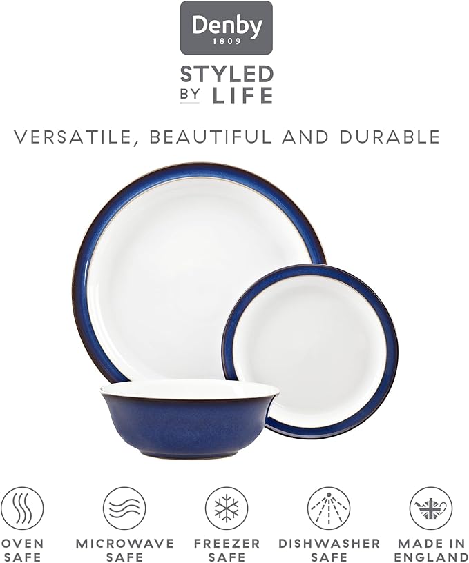 Denby - Imperial Blue Dinner Set for 4-12 Piece Ceramic Tableware Set Blue White - Dishwasher Microwave Safe Crockery Set - 4 x Dinner Plate 4 x Small Plate 4 x Cereal Bowl