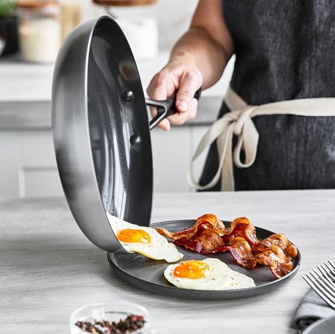 GreenPan Venice Pro Noir Tri-Ply Stainless Steel Healthy Ceramic Nonstick 12 Frying Pan Skillet with Lid Matte Black Handle PFAS-Free Multi Clad Induction Dishwasher Safe Oven Safe Silver