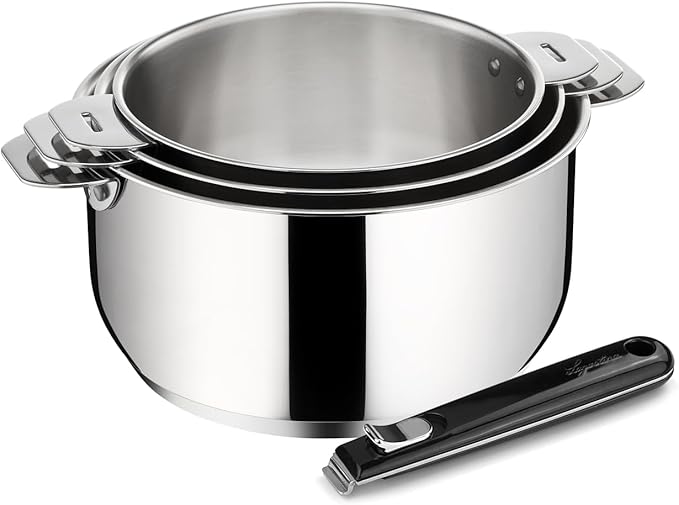 Lagostina Salvaspazio 3 Stainless Steel Saucepans 18/10 + Removable Black Handle 4 Pieces Induction Gas and Oven Diameter 16 18 and 20 cm Stackable and Easy to Store 3 Layer Bottom