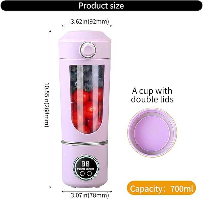 Portable Blender Personal Electric USB - 700ml Fruit Mixer Personal Juicer for Shakes with Stainless Blades Single-Touch Pulse System Leak-Proof Safety Lock High-Capacity Battery for Travel